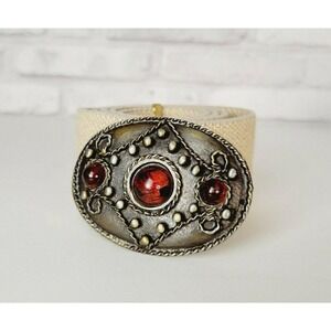 Italian brass and orange acrylic cabochon stretch belt natural beige XL